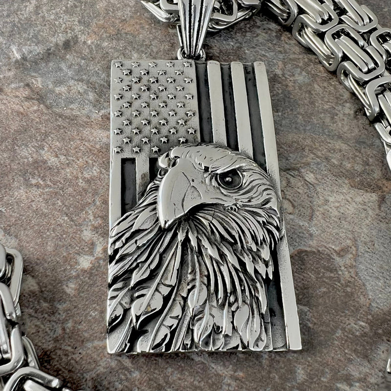 Sanity Jewelry Necklace 22” Silver "Sanity's Combo" - American Eagle with Flag Pendant & Necklace (282)