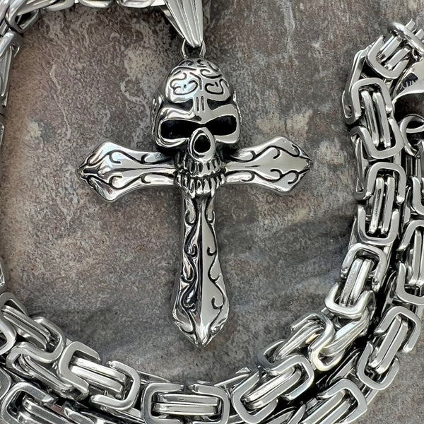 Sanity Jewelry Necklace 22” Silver "Sanity's Combo" - Gothic Skull Cross - Silver Pendant & Necklace (434)
