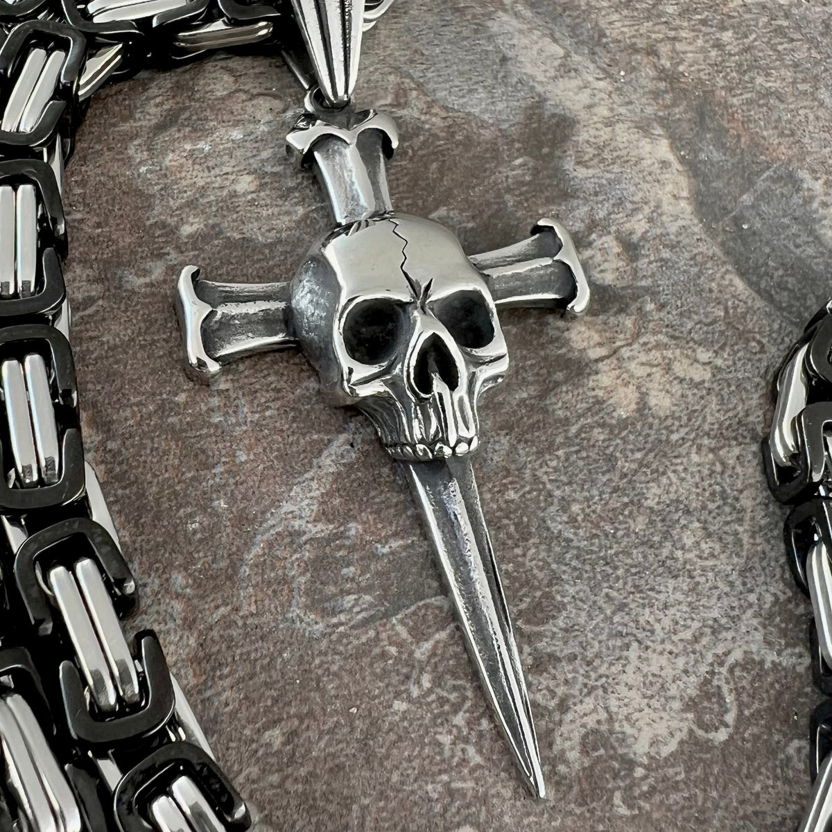 Sanity's Spike Cross - W/Skull Polished Pendant - Necklace (733)