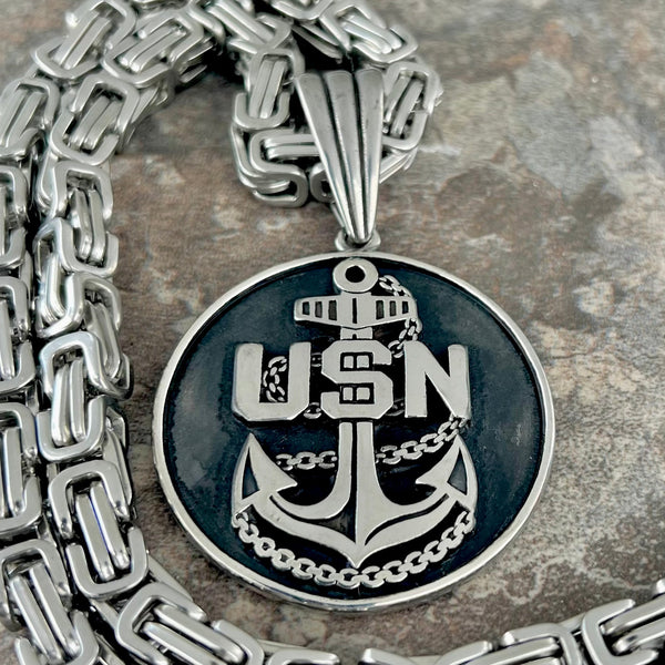 Sanity Jewelry Necklace 22” Silver "Sanity's Combo" - US Navy Round Pendant & Necklace (771)