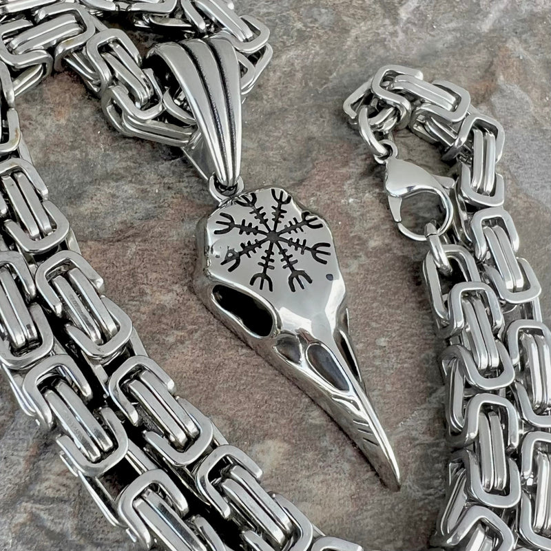 Sanity Jewelry Necklace 22” Silver "Sanity's Combo" - Viking - Raven Skull W/Compass Pendant & Necklace (791)