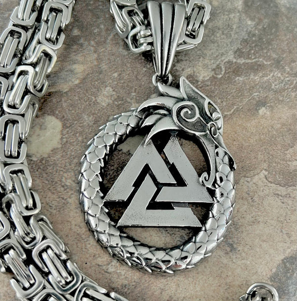 Sanity Jewelry Necklace 22” Silver "Sanity's Combo" - Viking Valknut w/Large Dragon Pendant & Necklace (306)