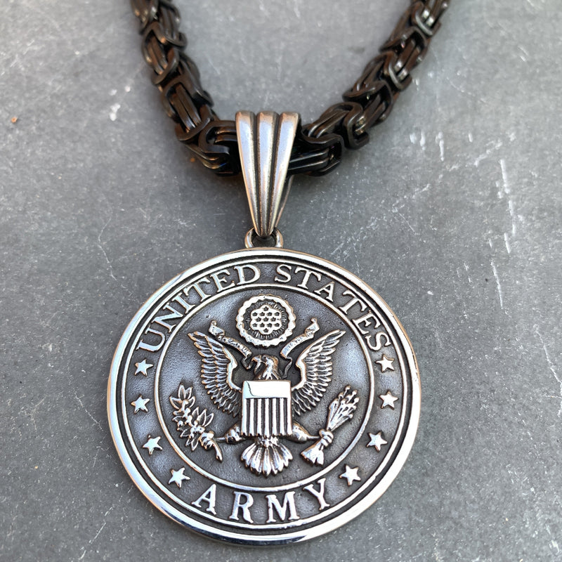 "Sanity's Combo" - US Army Pendant (712) & Daytona Beach Chain 1/4 inch wide Necklace Biker Jewelry Skull Jewelry Sanity Jewelry Stainless Steel jewelry