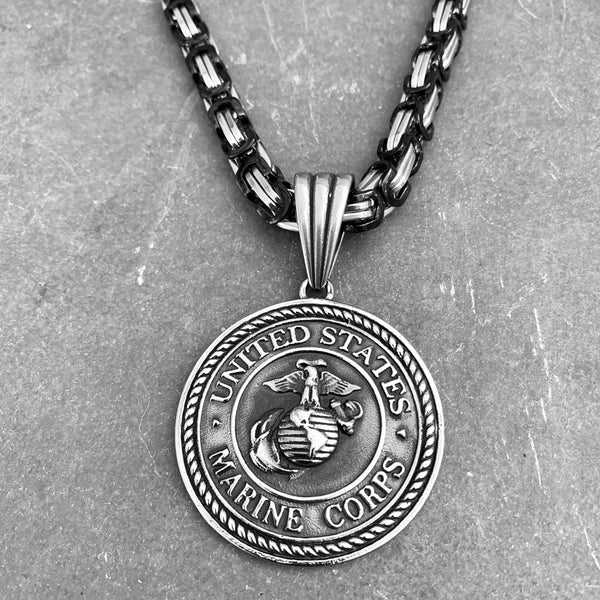 "Sanity's Combo" - US Marine Pendant (713) & Daytona Beach Chain 1/4 inch wide Necklace Biker Jewelry Skull Jewelry Sanity Jewelry Stainless Steel jewelry