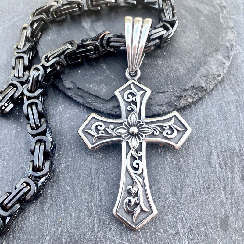 "Sanity's Combo" - Cross - Knights Cross (692) with Daytona Beach Chain  1/4 inch wide Necklace Biker Jewelry Skull Jewelry Sanity Jewelry Stainless Steel jewelry