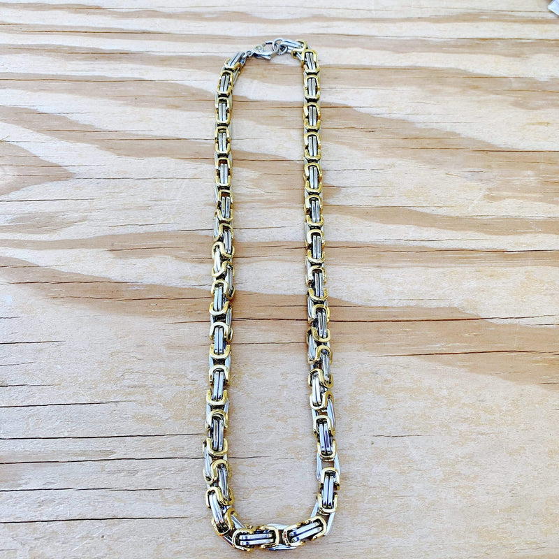 Necklace - 2 Tone Gold & Silver - Daytona Beach Deluxe 1/4 inch wide Necklace Biker Jewelry Skull Jewelry Sanity Jewelry Stainless Steel jewelry