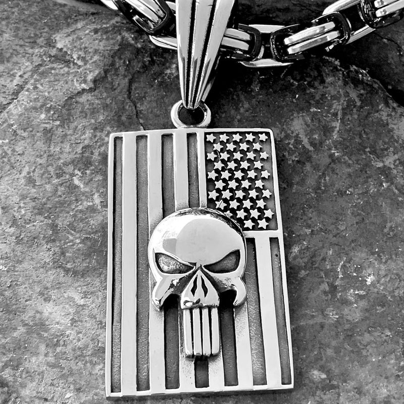 "Sanity's Combo" - American Patriot Flag (222) & Daytona Beach Chain 1/4 inch wide Necklace Biker Jewelry Skull Jewelry Sanity Jewelry Stainless Steel jewelry