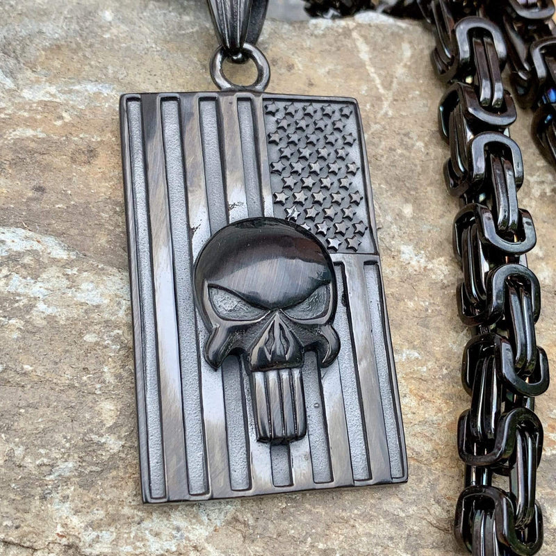 "Sanity's Combo" - American Patriot Flag Black (297) & Daytona Beach Chain 1/4 inch wide Necklace Biker Jewelry Skull Jewelry Sanity Jewelry Stainless Steel jewelry