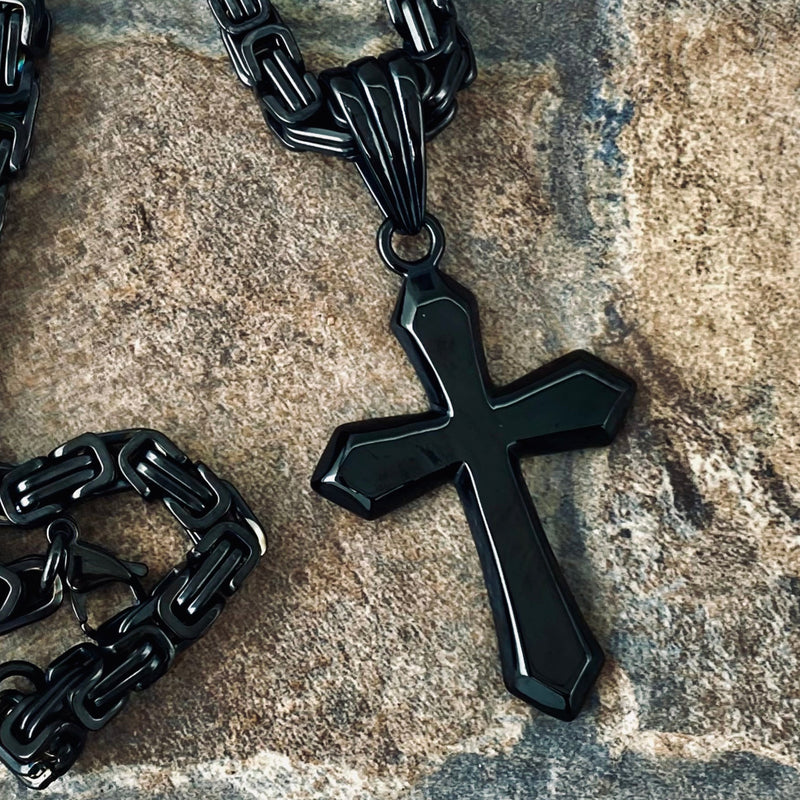 Sanity Jewelry Necklace "Sanity's Combo" - Cross - Black Shiny Cross - (787) & Daytona Beach Chain 1/4 inch wide