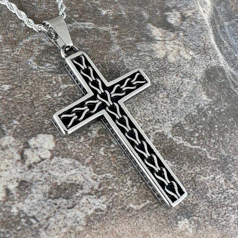 Celtic Pattern Rope Cross Cross - Celtic Knot Cross Silver Pendant - Classic Rope Necklace (487)