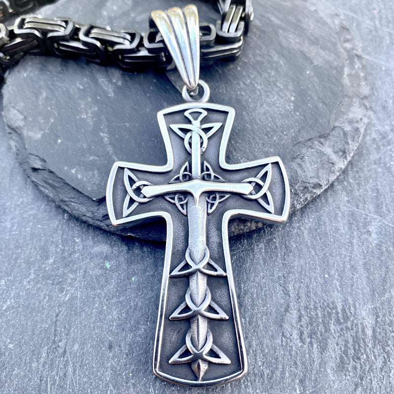 "Sanity's Combo" - Cross - Triquetra Cross (693) with Daytona Beach Chain  1/4 inch wide Necklace Biker Jewelry Skull Jewelry Sanity Jewelry Stainless Steel jewelry