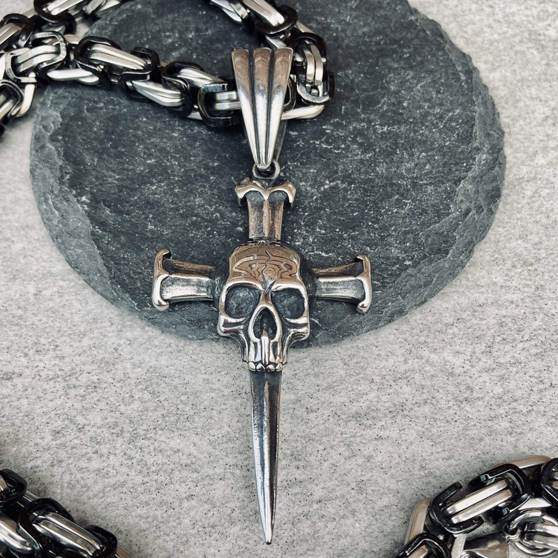 "Sanity's Combo" -Sanity's Spike Cross With Skull - (733) & Daytona Beach Chain 1/4 inch wide Necklace Biker Jewelry Skull Jewelry Sanity Jewelry Stainless Steel jewelry