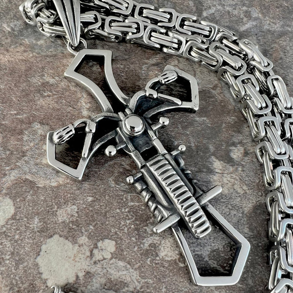 Sanity Jewelry Necklace Silver Stainless 22 inches "Sanity's Combo" - Cross - Old School Motorcycle Pendant & Necklace (227)
