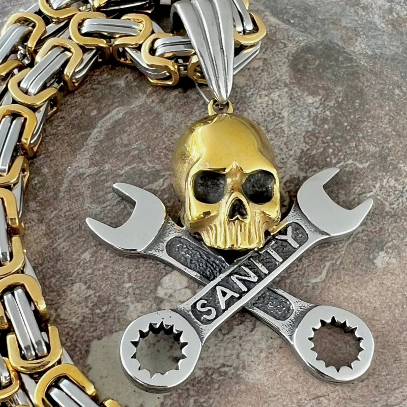 Sanity Jewelry Pendant 22” Silver "Sanity's Combo" - Skull & Cross Wrenches Pendant & Necklace (714)