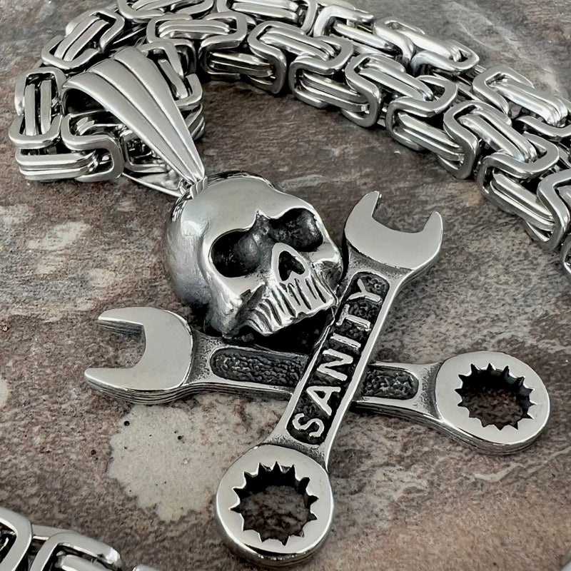 Sanity Jewelry Pendant 22” Silver "Sanity's Combo" - Skull & Cross Wrenches Pendant & Necklace (741)