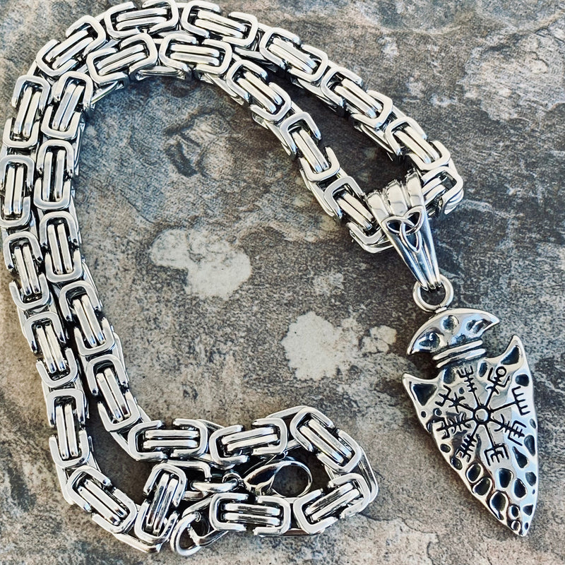 Sanity Jewelry Pendant 22” Silver "Sanity's Combo" - Viking - Arrow Head W/Viking Compass Pendant & Necklace (PEN810)