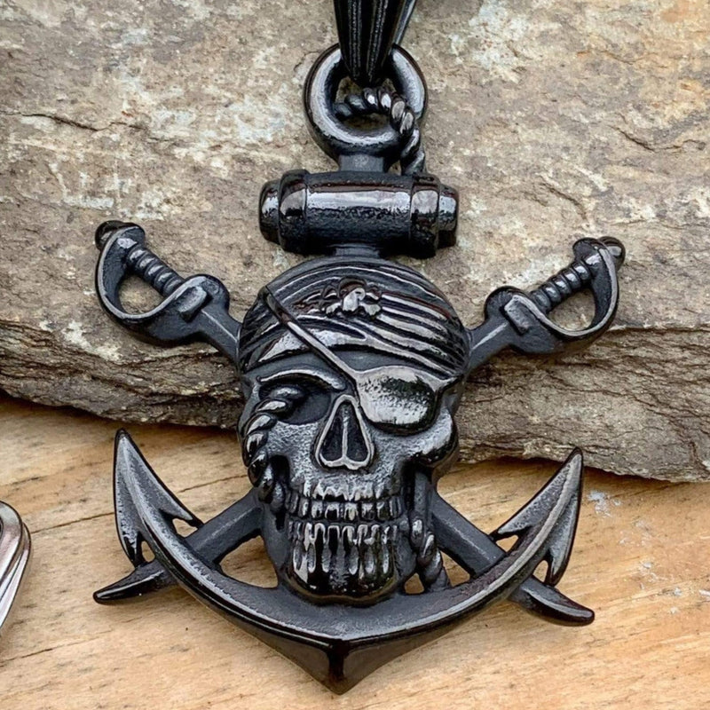 "Sanity's Combo" - 1 Eyed Pirate & Anchor - Black (294) with Daytona Beach Chain  1/4 inch wide Necklace Biker Jewelry Skull Jewelry Sanity Jewelry Stainless Steel jewelry