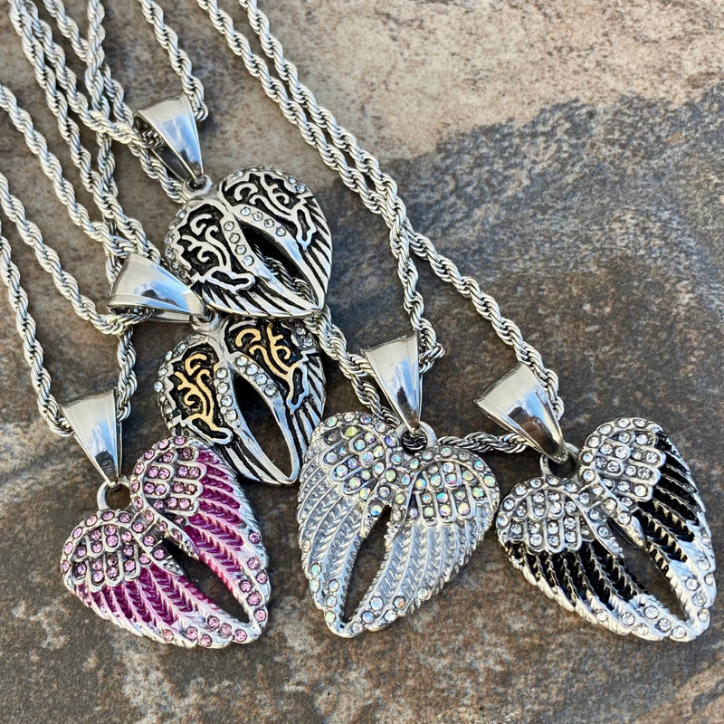 Sanity Jewelry Pendant Mini Angel Wing Heart - Pendant & Chain  - Black w/White Stones -  SK2537C