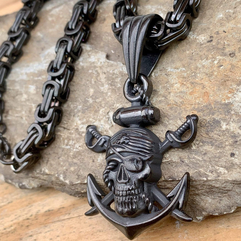 "Sanity's Combo" - 1 Eyed Pirate & Anchor - Black (294) with Daytona Beach Chain  1/4 inch wide Necklace Biker Jewelry Skull Jewelry Sanity Jewelry Stainless Steel jewelry