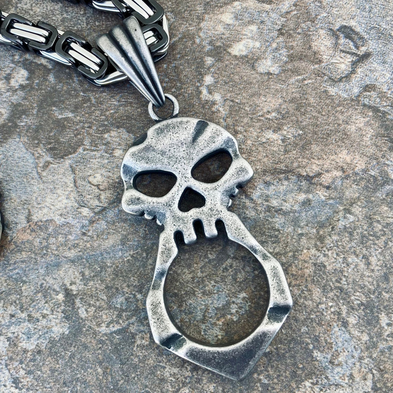 Sanity Jewelry Pendant "Sanity's Combo" - Skull Crusher Galvanized (782) with Daytona Beach Chain  1/4 inch wide