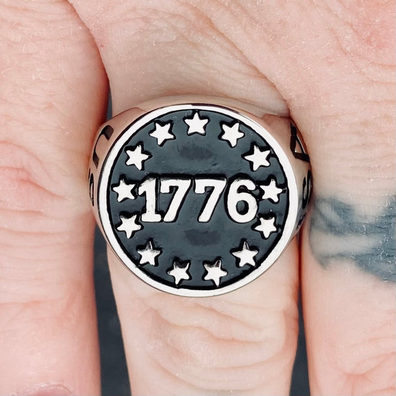Sanity Jewelry Skull Ring 1776 Patriot Ring - Black & Silver - Sizes 9-17  - R87