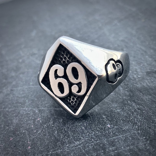 69 Ring - Black & Silver - Sizes 6-16  - R153 Skull Ring Biker Jewelry Skull Jewelry Sanity Jewelry Stainless Steel jewelry