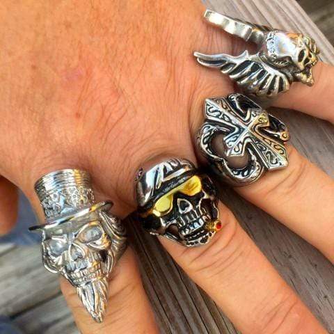 Beret & Gold Sunglasses Skull Ring - Sizes 8-16 - R06 Ring Biker Jewelry Skull Jewelry Sanity Jewelry Stainless Steel jewelry