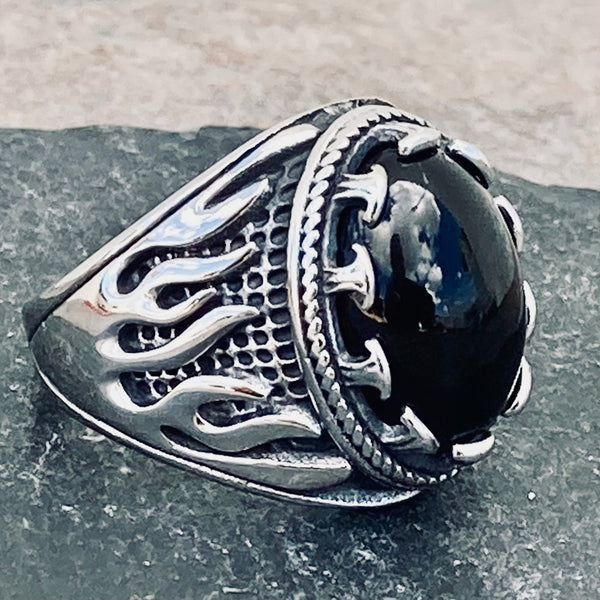 Sanity Jewelry Skull Ring "Black Stone" - Fire - Sizes 9-17 - R198