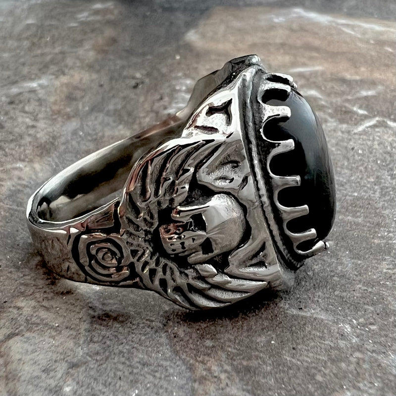 Sanity Jewelry Skull Ring "Black Stone" - Skull & Angel Wings - Sizes 8-16 - R136
