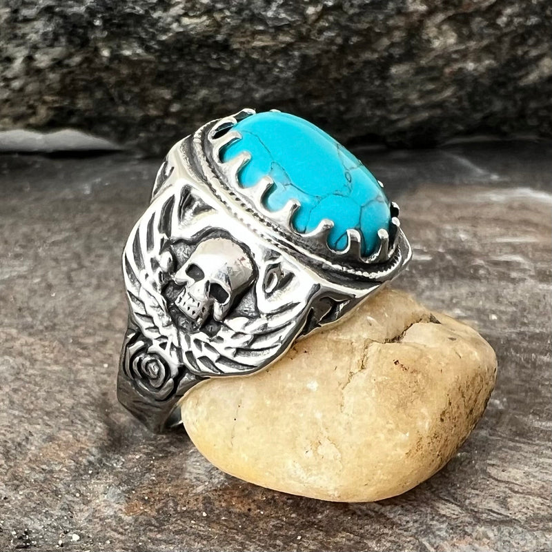 Sanity Jewelry Skull Ring "Blue Stone" - Skull & Angel Wings - Sizes 9-16 - R105