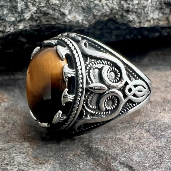 Sanity Jewelry Skull Ring "Cat's Eye Stone" - Scrollwork - Sizes 9-17 - R188