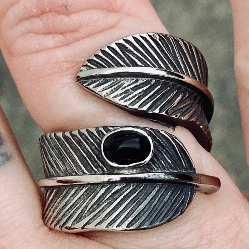 SANITY JEWELRY® Skull Ring Feather & Black Stone Ring - Sizes 5-12 - R190