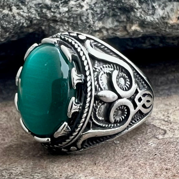Sanity Jewelry Skull Ring "Green Stone" - Scrollwork - Sizes 10-17 - R187