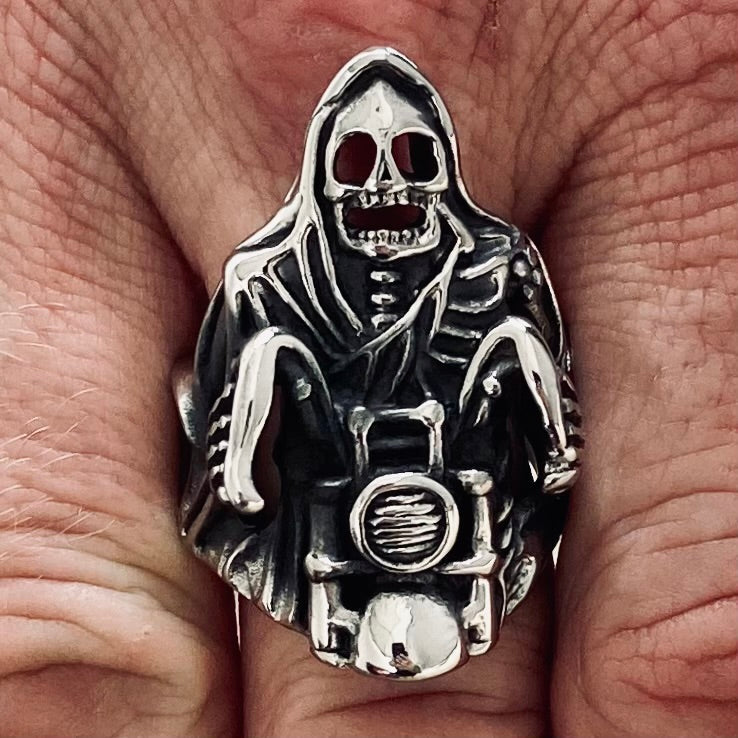 Sanity Jewelry Skull Ring Grim Reaper Riding a Harley - Sizes 9-16 - SLC34