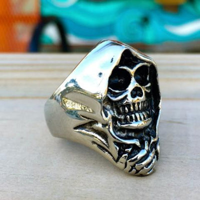 Anello Biker Con Testa Di Grim Reaper In Argento Sterling E Ascia - Foto 2