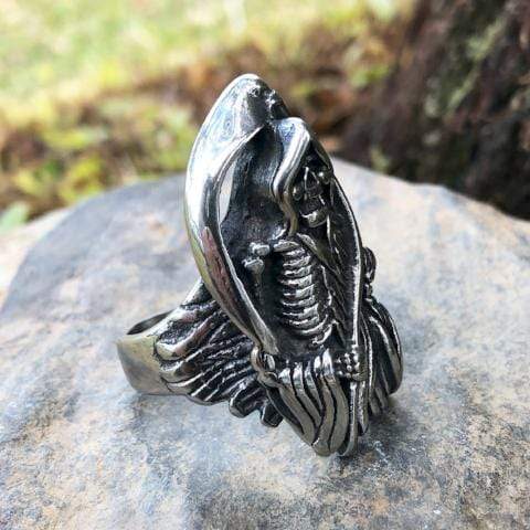 Anello Biker Con Testa Di Grim Reaper In Argento Sterling E Ascia - Foto 6