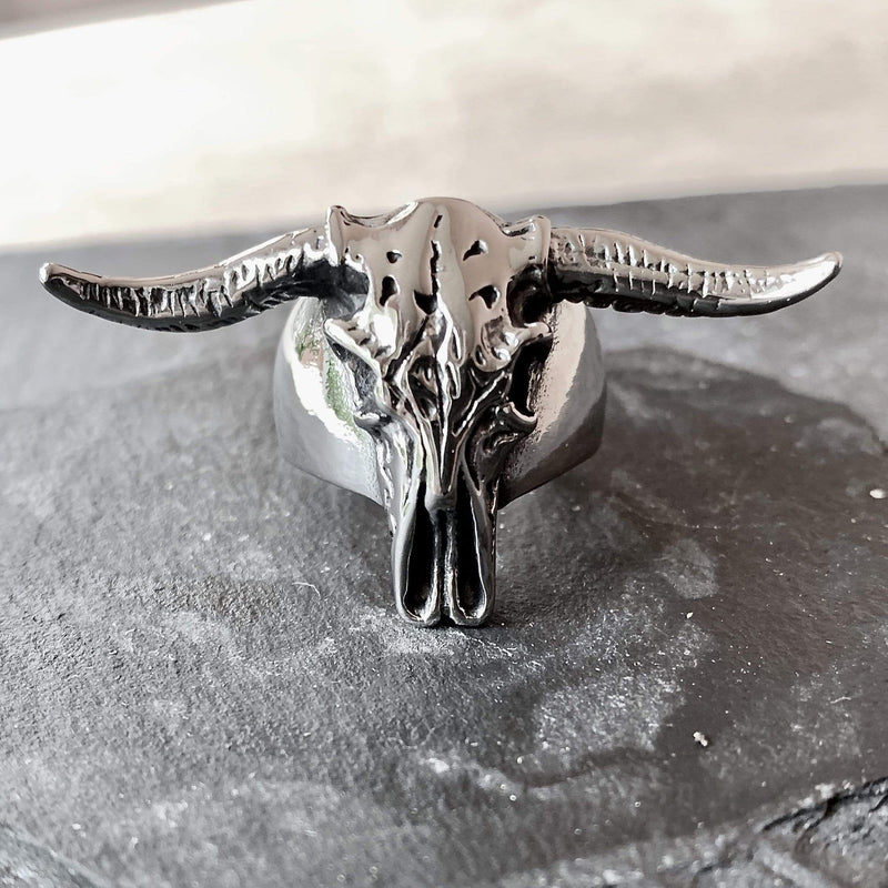 Longhorn Skull Ring - Sizes 9-12 - R135 Skull Ring Biker Jewelry Skull Jewelry Sanity Jewelry Stainless Steel jewelry
