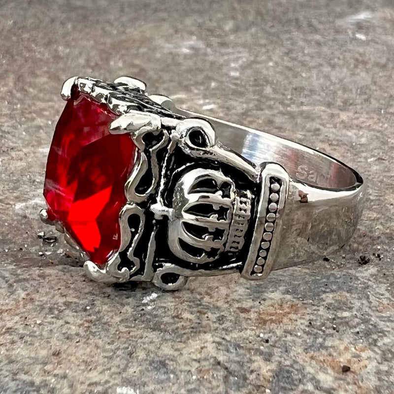 Sanity Jewelry Skull Ring "Red Stone" Crown Ring - Red Stone - Sizes 5-16 - R55
