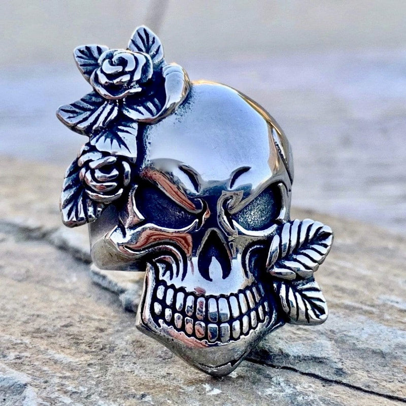 "Rose Skull & Leaf Ring"  - Sizes 5-11 - R99 Skull Ring Biker Jewelry Skull Jewelry Sanity Jewelry Stainless Steel jewelry
