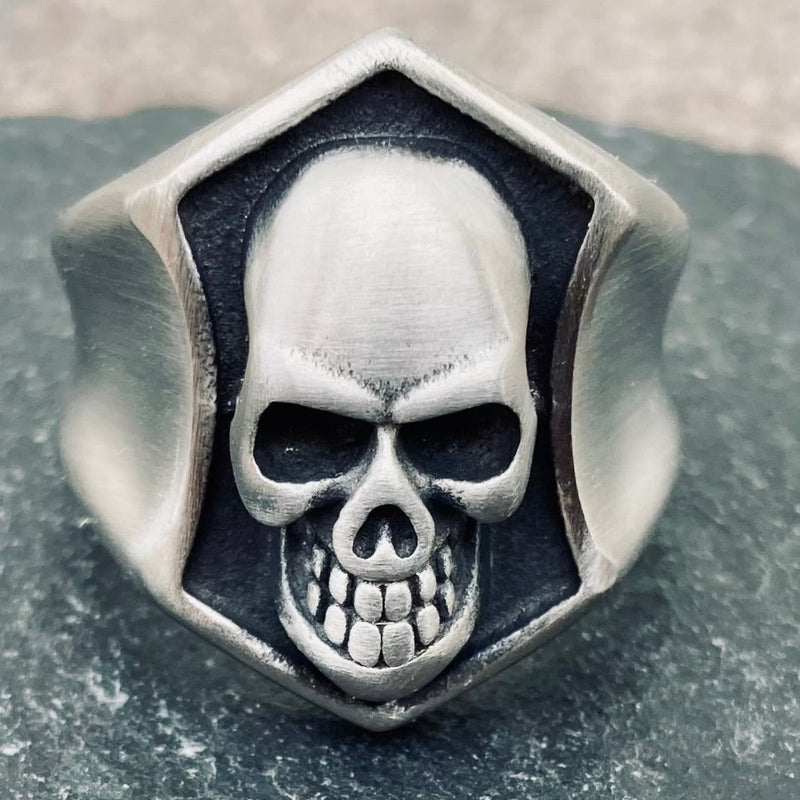 SANITY JEWELRY® Skull Ring Skull & Shield Ring - Brushed Stainless Steel - Sizes 6-16 - R226