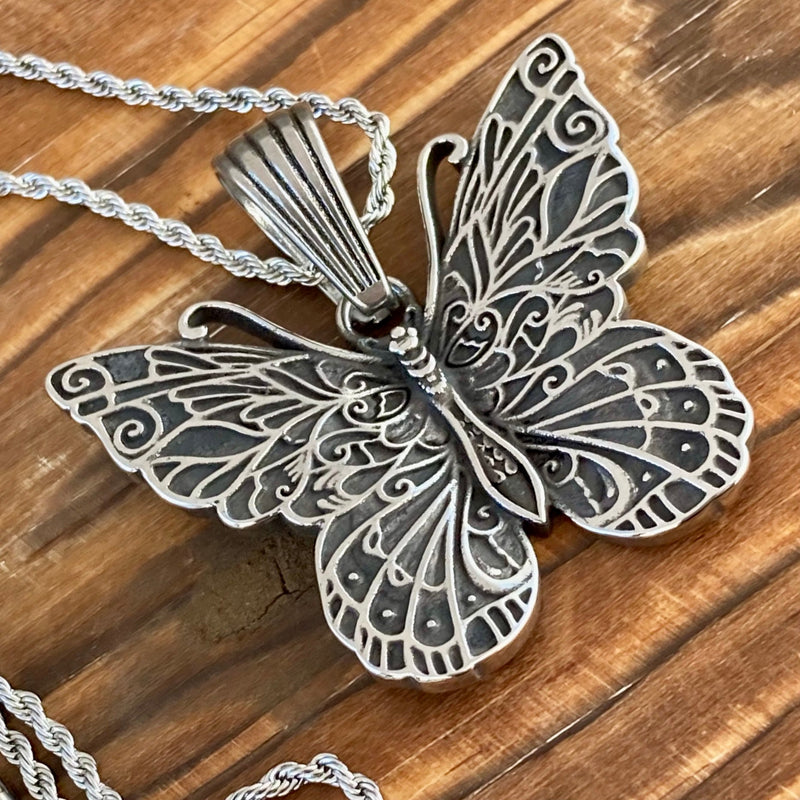 Sanity Jewelry Stainless Steel - Scrollwork Butterfly Pendant & Classic Rope Necklace or Omega - PEN304