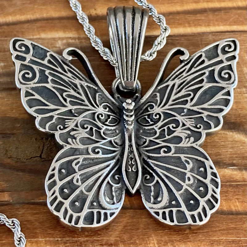 Sanity Jewelry Stainless Steel - Scrollwork Butterfly Pendant & Classic Rope Necklace or Omega - PEN304