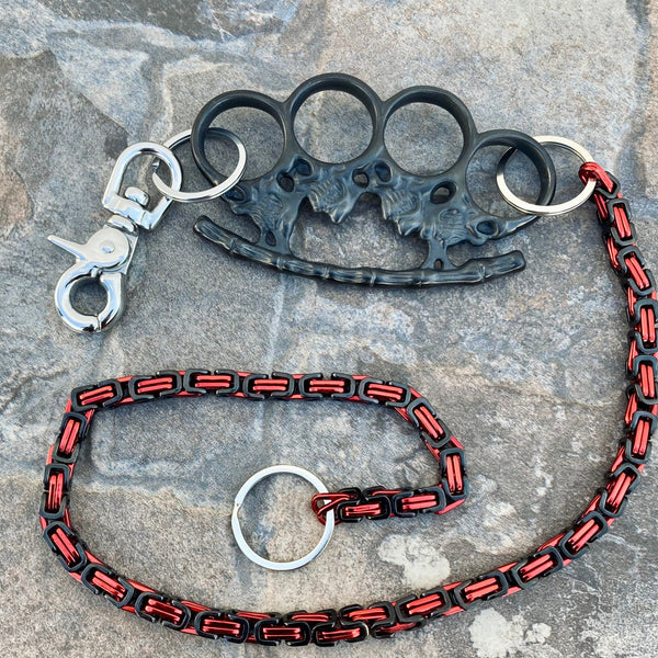SANITY JEWELRY® Wallet Chain - 30" Red & Black Daytona Beach Deluxe W/ Polished Skull Four Finger Ring - WCK-8